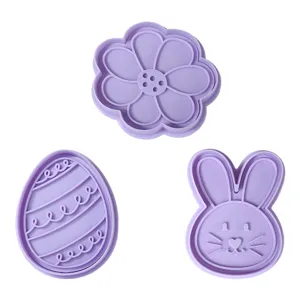 Easter cookie cutter 3-piece set, cute flower, bunny and egg shapes, purple plastic baking tool.