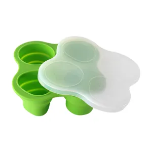 Opvouwbare siliconen babyvoedingsdoos met deksel, groene ronde ijsblokjesvorm en fruitcontainer.