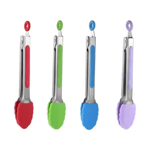Mini pince en acier inoxydable avec poignées en silicone, lot de quatre ustensiles de cuisine.