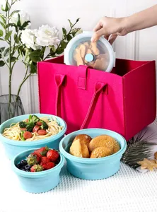 Detailansicht des faltbaren Silikon-Frischhaltedosen-Sets mit Filztasche für das Picknick.