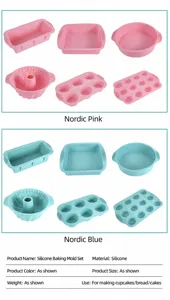 Vista dettagliata dello stampo da forno in silicone, che mostra varie forme rosa e blu.