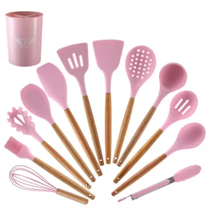 Set d'Ustensiles de Cuisine en Silicone 12 Pces Manche en Bois Rose Accessoires