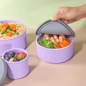 Silicone round food storage container set with lid for fresh keeping, bento and picnic use.
