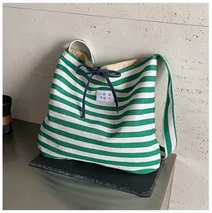 Green and white striped canvas tote bag casual shoulder bucket bag with drawstring bow