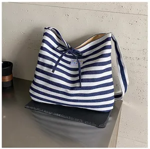 Blue and white striped canvas tote bag, casual large capacity shoulder handbag for women.