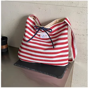Red and white striped canvas tote bag casual shoulder handbag for women daily shopping use