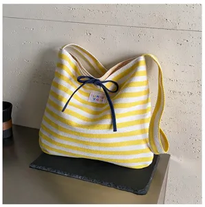 Yellow striped canvas tote bag, casual large capacity shoulder bag for women trendy book bag.
