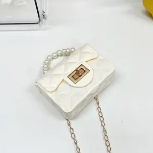 Kinder mini jelly handtas, witte gewatteerde PVC kleine vierkante tas met parelhandvat.