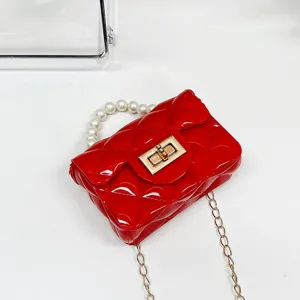 Rode gewatteerde mini jelly tas met parelhandvat en gouden ketting voor kinderen, schoudertas.