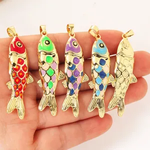 Colorful enamel fish pendant brass charm for DIY necklace jewelry making accessories details.