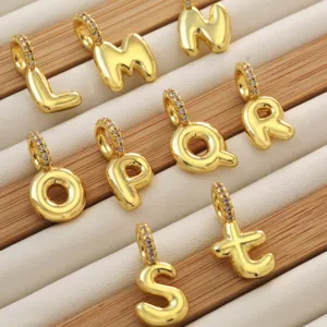 Gold-plated bubble letter charms with stone bail, alphabet pendant detail for DIY jewelry.