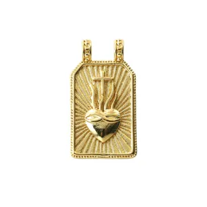 Colgante abalorio corazón sagrado cruz de metal dorado, diseño religioso detallado para joyería DIY.