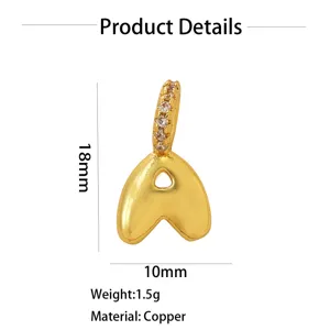 Close-up detail of the 18K gold plated bubble letter pendant, showing dimensions and specs.