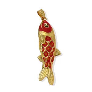 Gold-plated brass red enamel koi fish pendant charm for DIY necklace jewelry accessories.