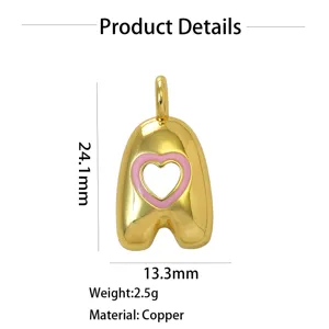 Ciondolo lettera in rame dorato con cuore rosa traforato, dimensioni 24.1x13.3mm, bel gioiello.