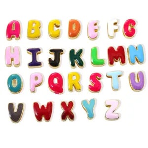 Colorful enamel 26 English letter charms gold plated copper DIY jewelry pendant details.