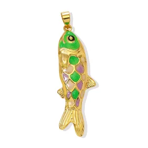 Gold-plated brass multi-color fish pendant detail, colorful enamel drop oil fish charm jewelry.