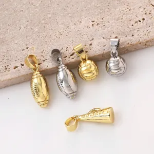 Close-up details of sports themed metal pendants including football and volleyball in gold and silver.