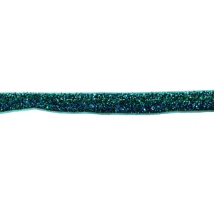 Close-up of glitter velvet elastic ribbon, sparkling metallic trim detail for DIY crafts.