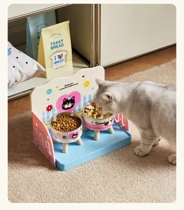Station d'alimentation pour animaux mignonne avec doubles bols et support en bois.