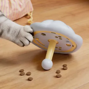 Interactive cat slow feeder toy, tumbler food dispensing puzzle for pets with fun design.
