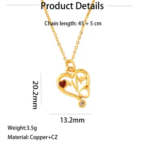 Detailed view of the creative heart stethoscope gold necklace pendant with sparkling zirconia.
