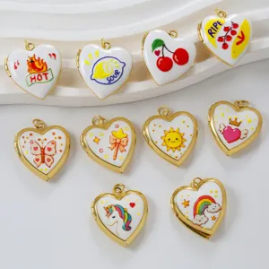 Messing Herz Medaillon Anhänger Handbemaltes Emaille Chili Zitrone Einhorn Regenbogen Muster Öffnbarer Fotorahmen DIY Schmuck