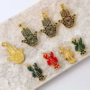 Brass 18K Gold Plated Enamel Hamsa Hand Lobster Pendant Personalized DIY Necklace Accessories Fatima Hand Lobster Charms Jewelry Making Findings