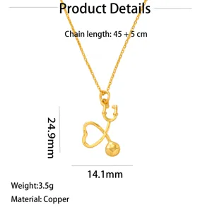 Gold stethoscope heart necklace detail view showing chain length and pendant dimensions clearly.