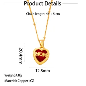 Gold plated copper heart MOM pendant necklace with 45+5cm chain, exquisite detail view.