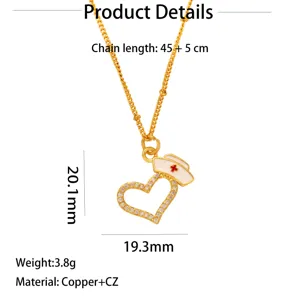 Detailed view of the gold plated copper heart nurse cap necklace with sparkling cubic zirconia crystals.