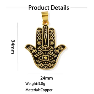 Gold Hamsa Hand Pendant Copper Drop Oil Evil Eye Charm Jewelry Accessory 34x24mm 3.8g