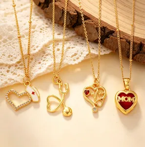 Fashion Brass 18K Gold Plated Zirconia Heart Stethoscope ECG Necklace MOM Nurse Hat Medical Pendant Jewelry For Women