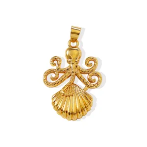 Ciondolo polpo e conchiglia in ottone placcato oro 18K per collana fai da te stile marino.