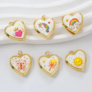 Vergoldete Messing Emaille Herz Medaillon Anhänger Einhorn Regenbogen Schmetterling Schmuck