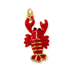 Red enamel lobster pendant, gold plated brass charm for DIY necklace jewelry making.