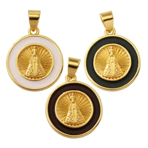 Brass Gold Plated Religious Pendant Enamel Round Coin Necklace DIY Jewelry Accessory