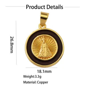 Gold plated brass religious pendant detail view, 26.8mm height, 18.1mm width, 3.3g weight.