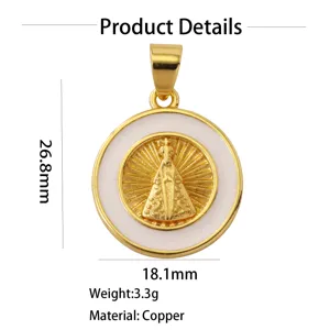 Gold plated brass religious pendant detail showing 26.8mm height and white enamel design.