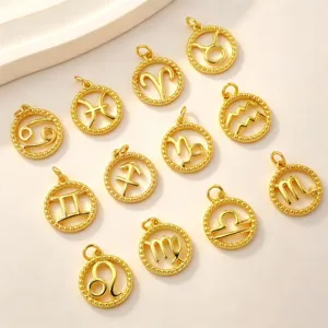 Minimalist 18K Gold Plated Brass Twelve Zodiac Sign Circular Pendant For DIY Jewelry Making Women Necklace Gift