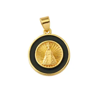 Gold plated brass religious pendant with black enamel round design for DIY jewelry making.