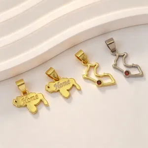 Stylish metal map pendants with engraved home text and red stone inlay, perfect for DIY necklaces.