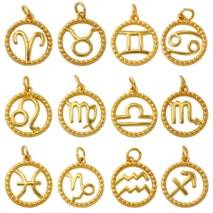Gold plated zodiac sign charms pendant set, 12 constellations round hollow metal DIY jewelry making.