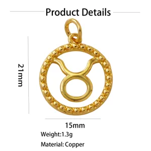 Close up of 18k gold plated brass taurus zodiac sign pendant detail view product shot.