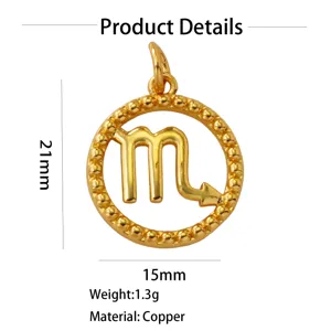 Scorpio zodiac pendant in 18k gold plated copper with beaded round frame design details.