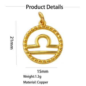 Libra zodiac pendant 18K gold plated copper 21x15mm jewelry making accessory charm.