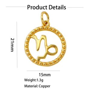 Gold plated brass Capricorn zodiac pendant charm, elegant beaded round jewelry making accessory.