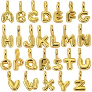 Detail view of 26 gold-plated alphabet letter charms, perfect for DIY jewelry and custom necklaces.