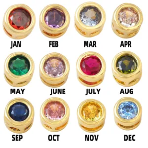 18K Gold Plated Round Zirconia Birthstone Charms Copper DIY Jewelry Making Accessories For Necklace Bracelet Pendant Beads