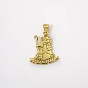 Gold brass shepherdess pendant close-up, religious style DIY jewelry accessory detail.
